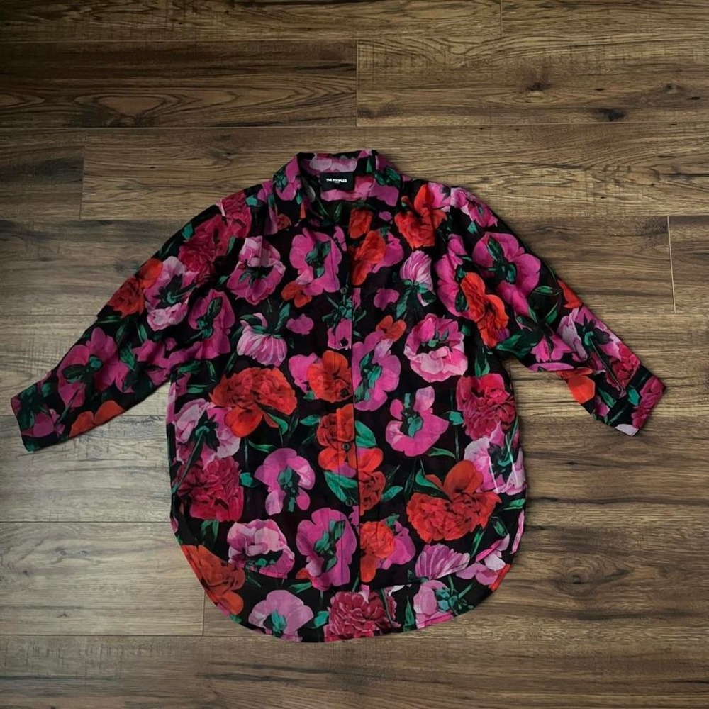 The Kooples Paris 100% Silk Floral Button Up Blouse‎ Small Bold Pink Red Roses